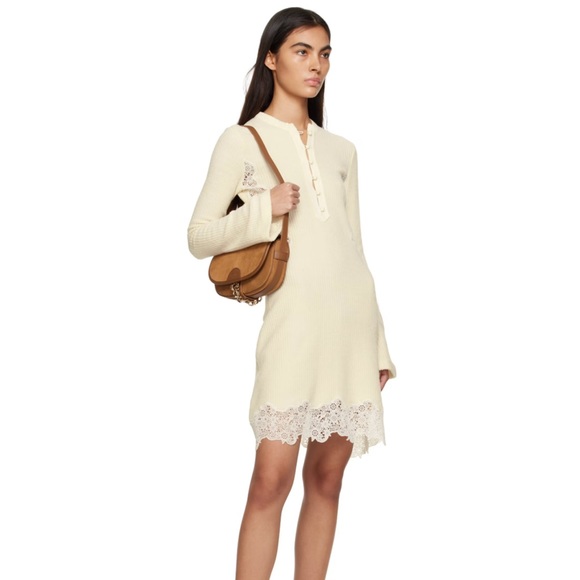 Chloé Cream Knit Long-Sleeve Lace-Trim Dress - Picture 3 of 5